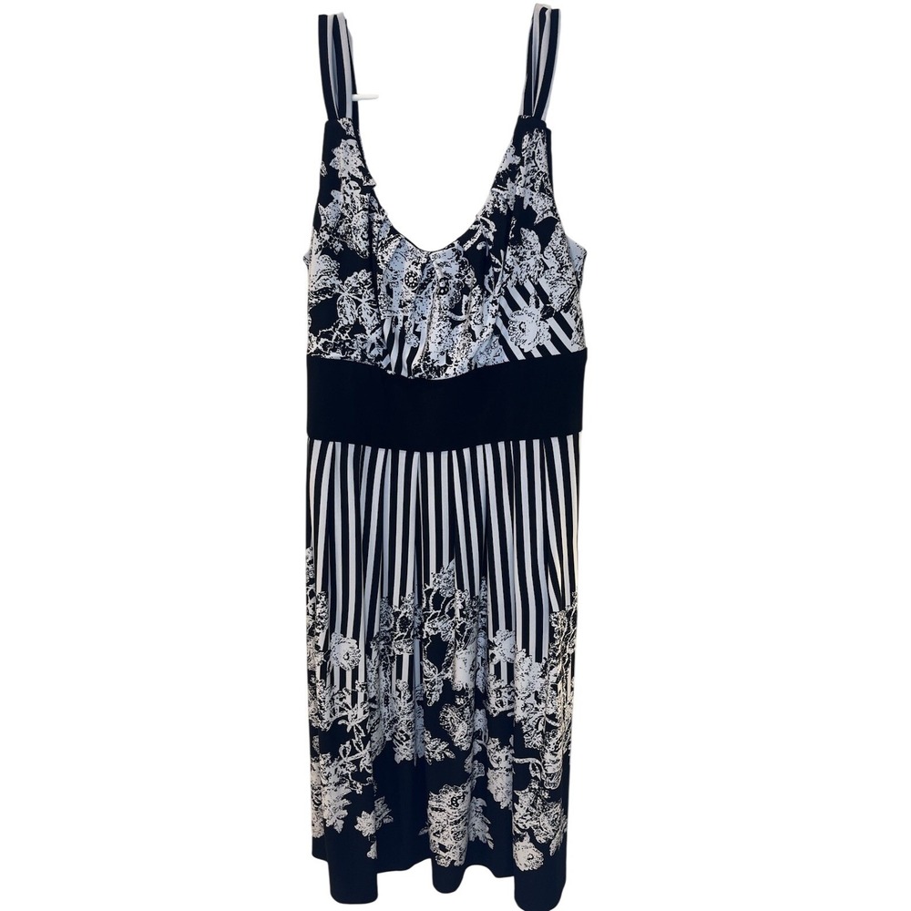 Dress Barn Black White Floral Striped Fit Flare Womens 14 Mini Dress